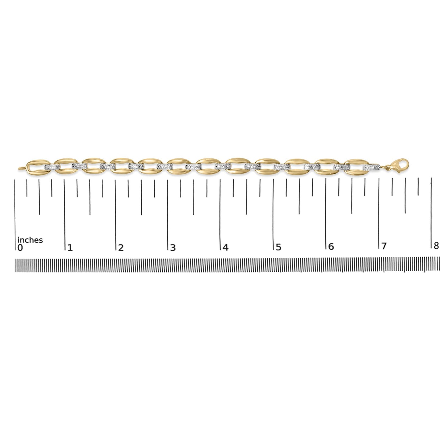 Yellow metal bracelet with alternating smooth oval links and links set with white gemstones in pave setting, shown flat on a ruler, top-down view.