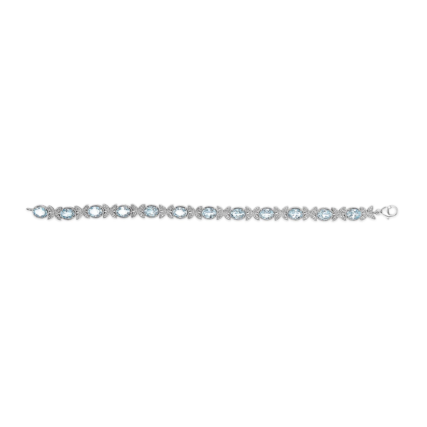 White metal bracelet with alternating oval blue gemstones and clusters of small round white gemstones, shown in a flat horizontal angle.