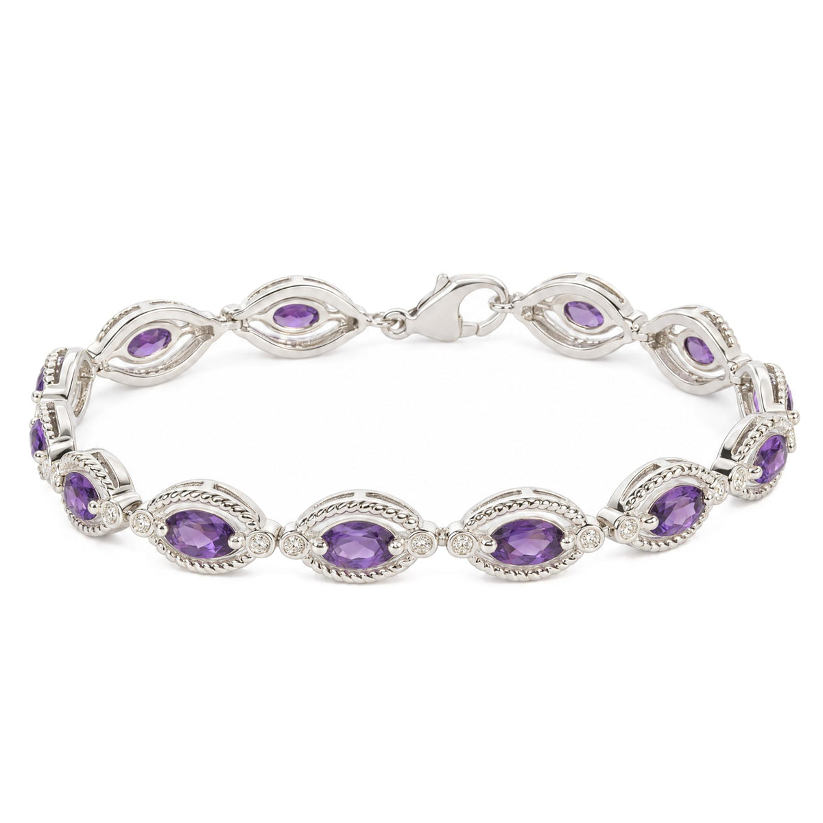 Sterling Silver Oval Purple Amethyst and 1/10 Cttw Diamond Link Bracelet
