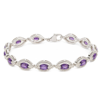 Sterling Silver Oval Purple Amethyst and 1/10 Cttw Diamond Link Bracelet