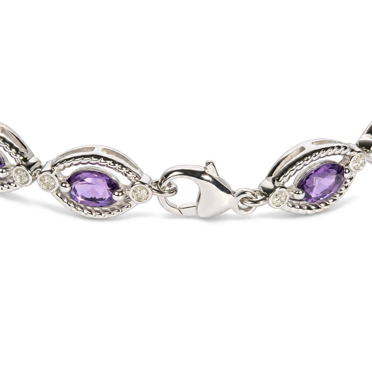 Sterling Silver Oval Purple Amethyst and 1/10 Cttw Diamond Link Bracelet