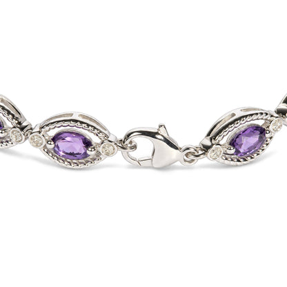 Sterling Silver Oval Purple Amethyst and 1/10 Cttw Diamond Link Bracelet
