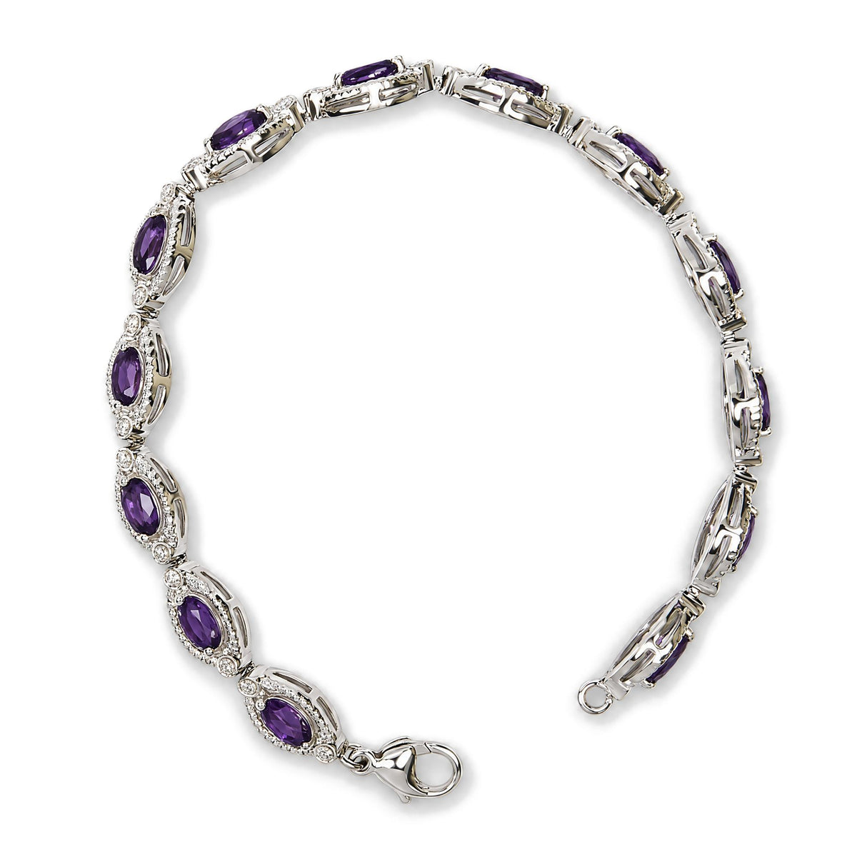 Sterling Silver Oval Purple Amethyst and 1/10 Cttw Diamond Link Bracelet