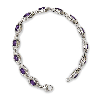 Sterling Silver Oval Purple Amethyst and 1/10 Cttw Diamond Link Bracelet