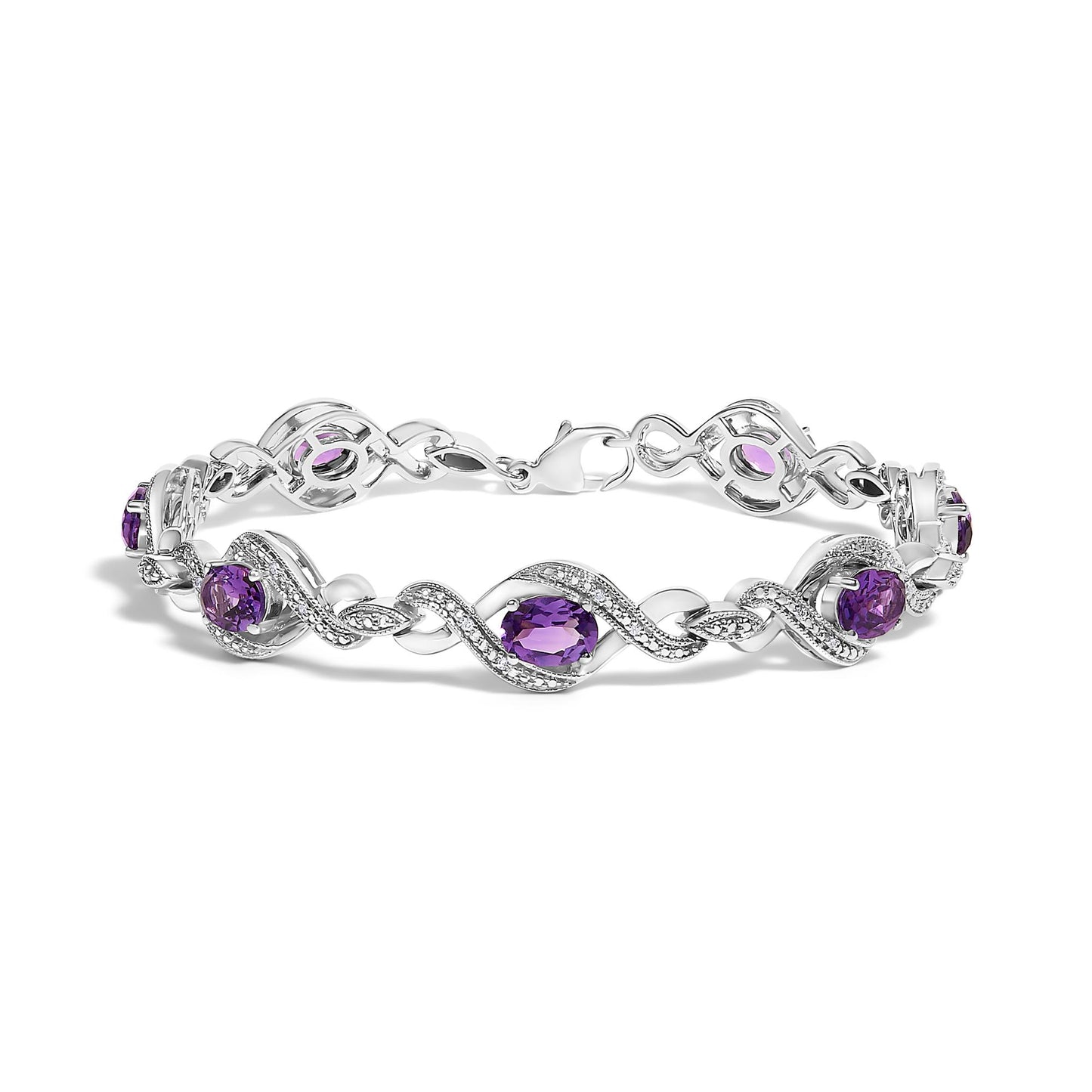 White metal bracelet with an alternating twisted ribbon design featuring purple oval gemstones and white round gemstones in prong settings, shown from an angled front view.