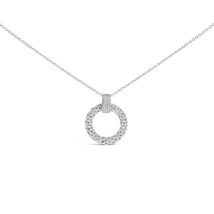 Close-up front view of a white necklace with a circular pendant featuring a braided texture and a rectangular piece adorned with small white gemstones in a micro-pave setting.
