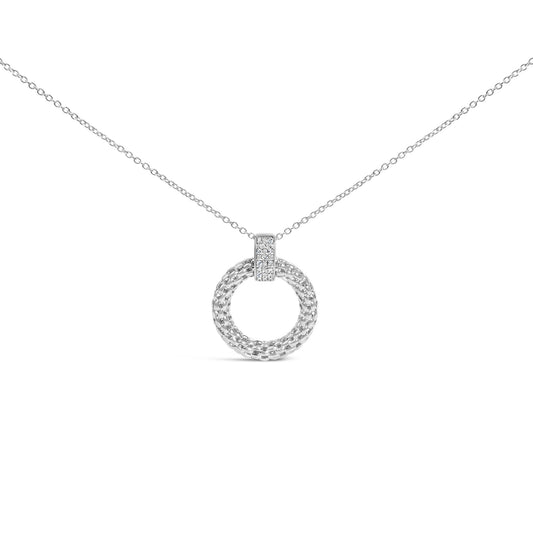 Close-up front view of a white necklace with a circular pendant featuring a braided texture and a rectangular piece adorned with small white gemstones in a micro-pave setting.