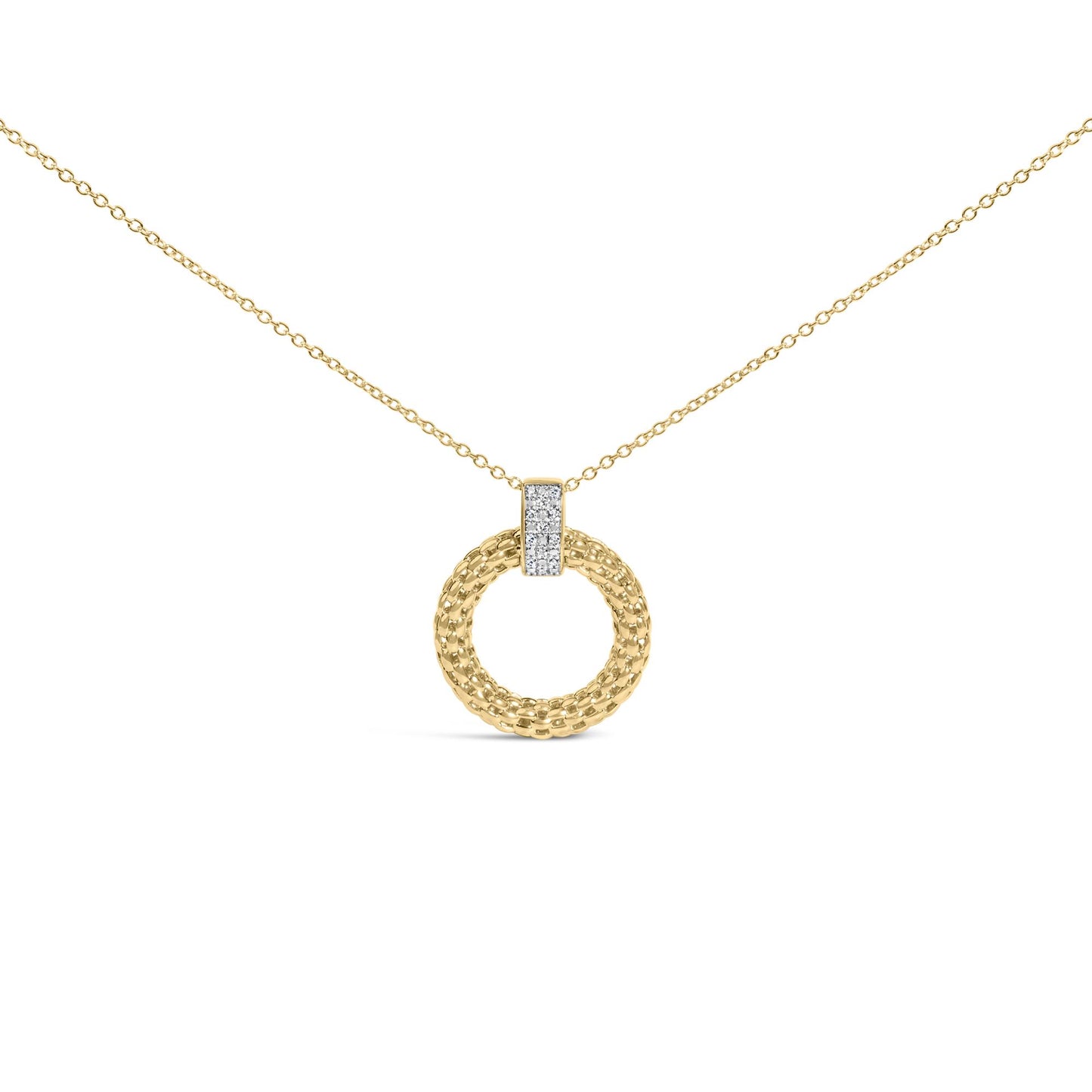 Close-up front view of a yellow metal necklace with a circular pendant featuring a textured design and a vertical bar set with small white gemstones.