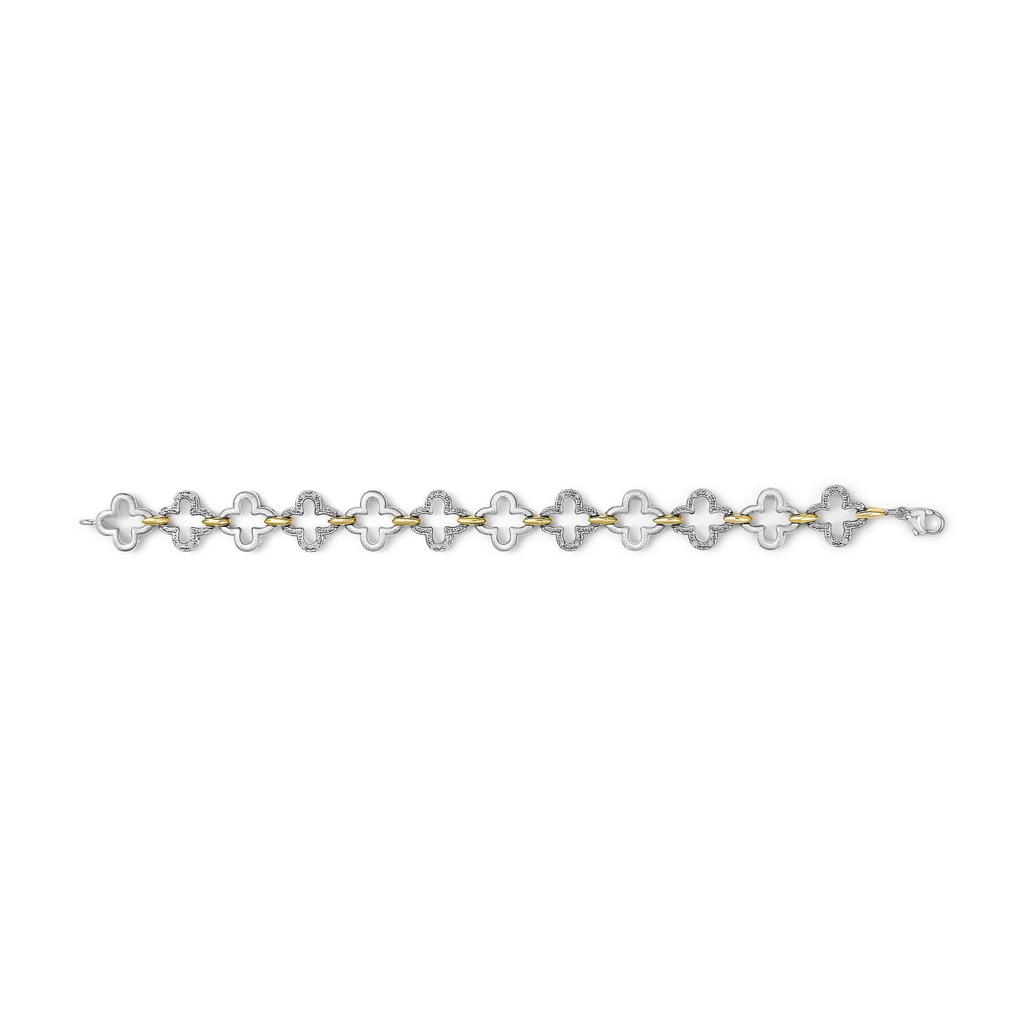 Top-down view of a bracelet with alternating yellow and white metal links shaped like abstract flowers, each white link featuring multiple small white gemstones in a pave setting.