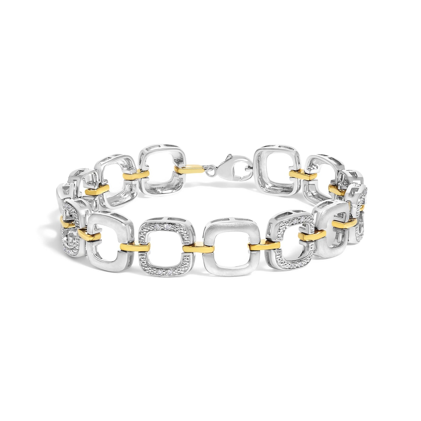 Bracelet shown in a front angle view featuring alternating square links in yellow and white metal with some white gemstones set in a pave style on the white metal links, clasp visible.