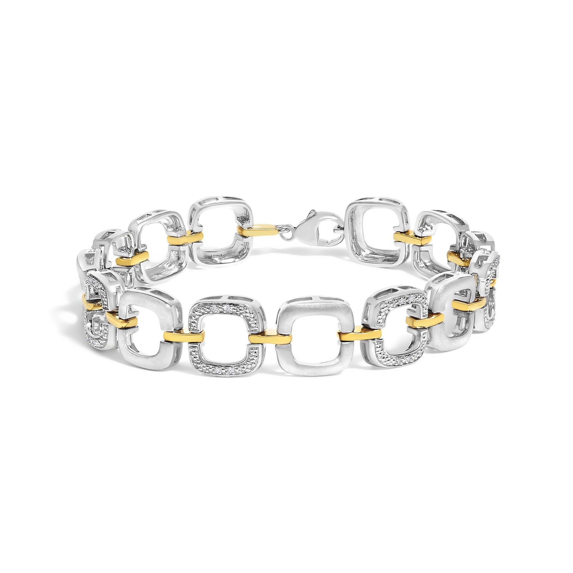 Bracelet shown in a front angle view featuring alternating square links in yellow and white metal with some white gemstones set in a pave style on the white metal links, clasp visible.