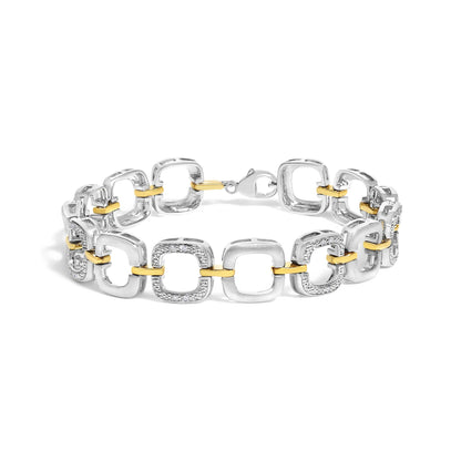 Bracelet shown in a front angle view featuring alternating square links in yellow and white metal with some white gemstones set in a pave style on the white metal links, clasp visible.