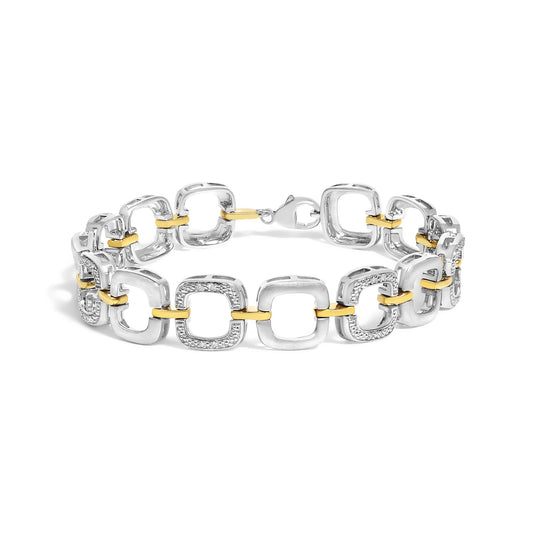 Bracelet shown in a front angle view featuring alternating square links in yellow and white metal with some white gemstones set in a pave style on the white metal links, clasp visible.