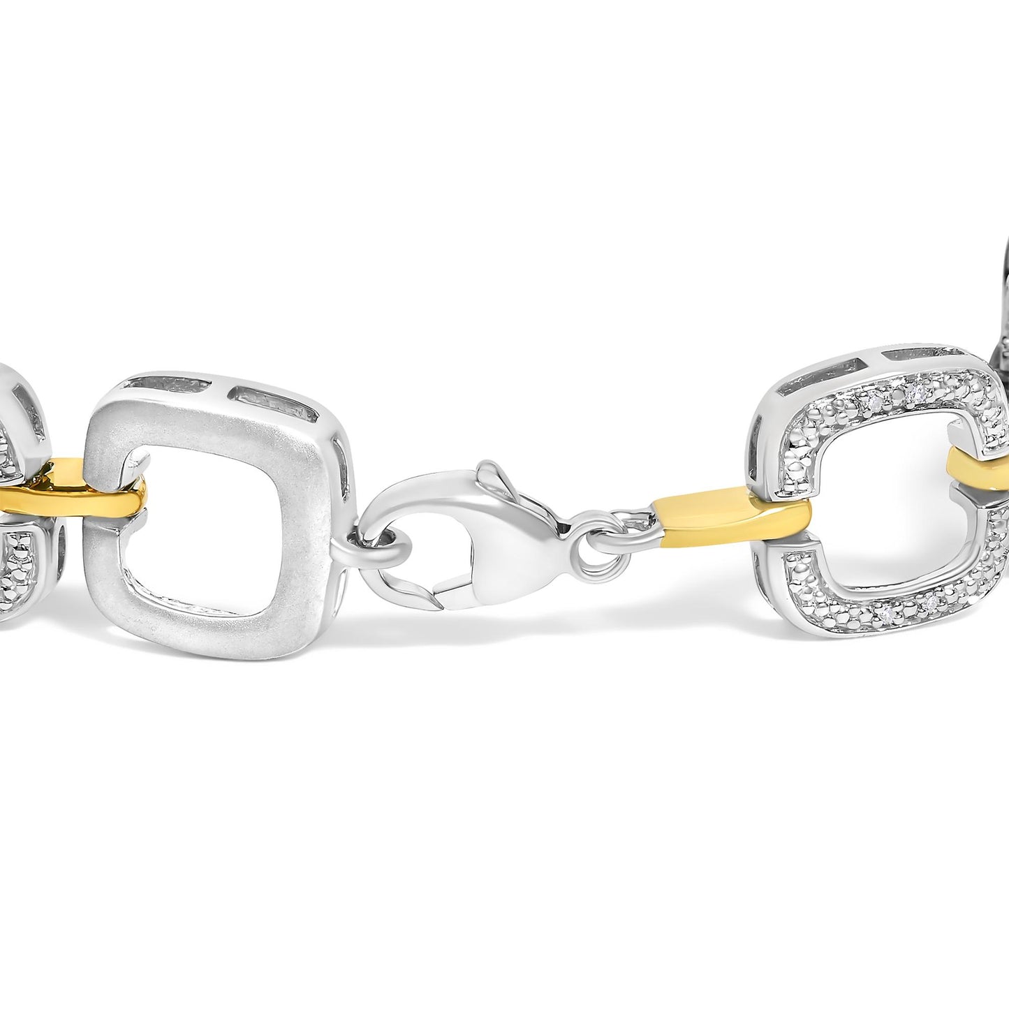 Close-up image of a bracelet segment showing alternating square links in yellow and white metal, some white metal links set with small round white gemstones in a pave setting, and a lobster clasp, shot from a side angle.