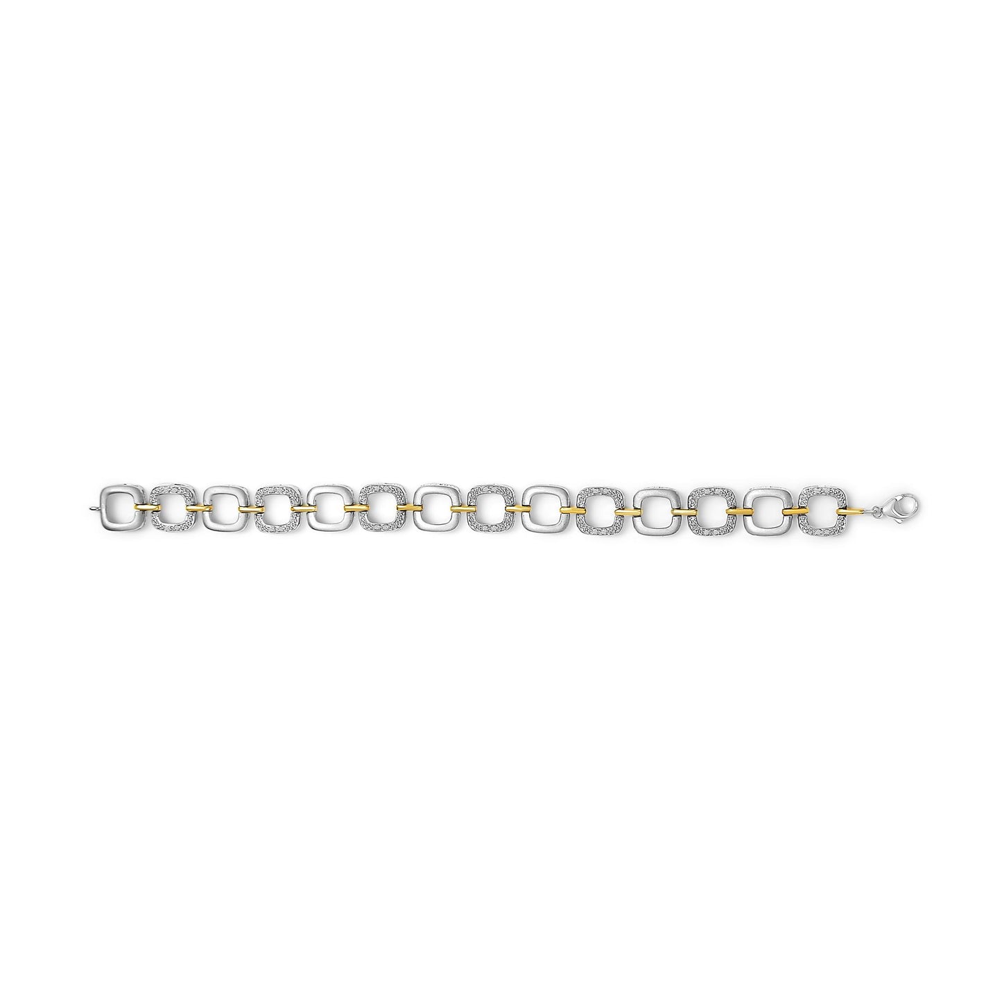 Top-down view of a bracelet with alternating square-shaped links; some links are plain yellow metal and others are white metal with pave-set round white gemstones, connected by a yellow metal bar, clasp visible.