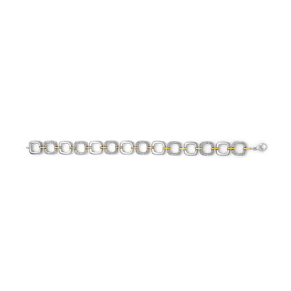 Top-down view of a bracelet with alternating square-shaped links; some links are plain yellow metal and others are white metal with pave-set round white gemstones, connected by a yellow metal bar, clasp visible.