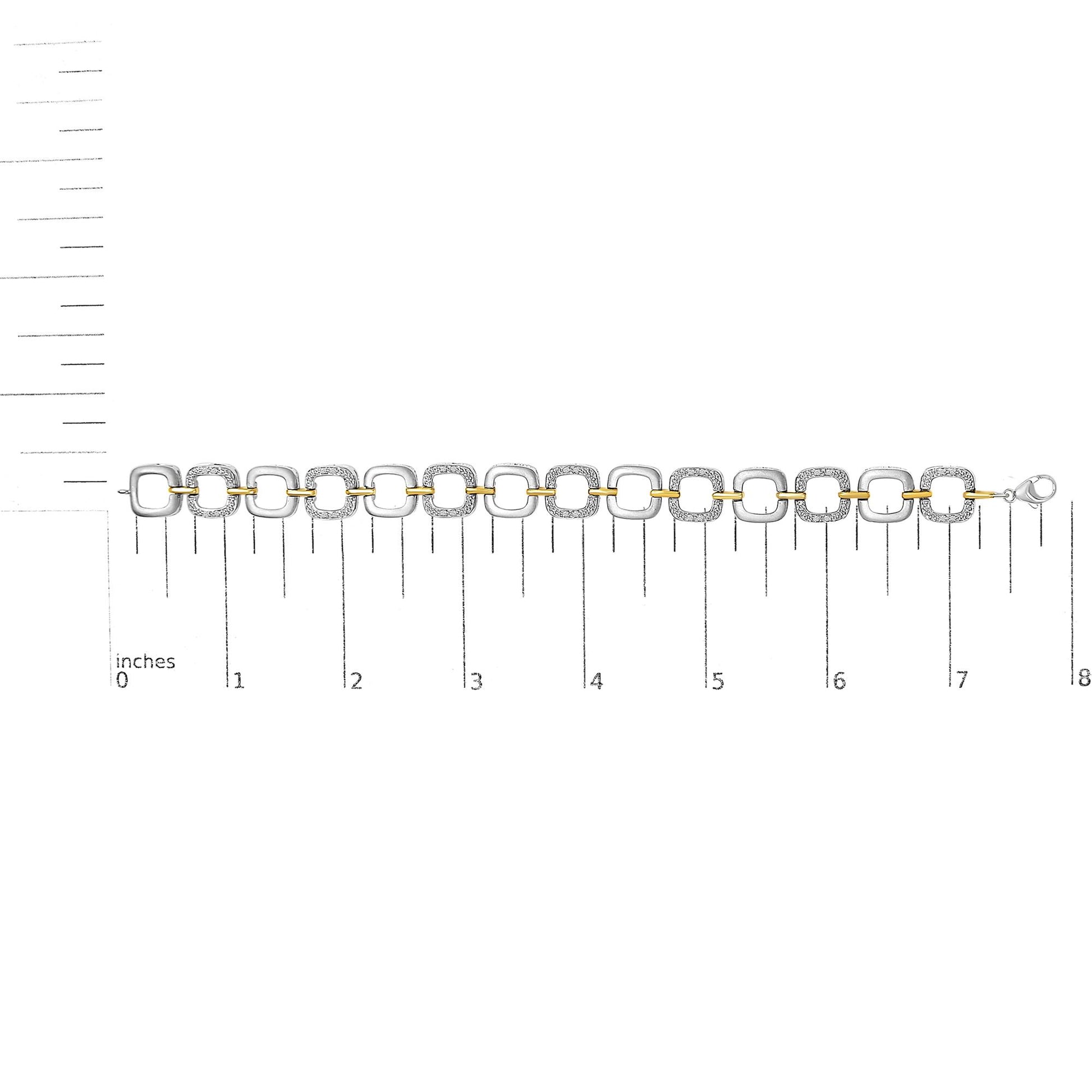 Bracelet with alternating yellow and white square links, some white links adorned with white gemstones in a pave setting, shown flat on a scale from a top-down angle.