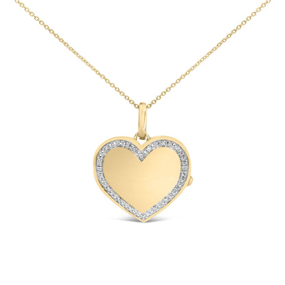 Close-up front angle of a yellow metal heart-shaped necklace pendant with a border of small white gemstones, shown against a white background.