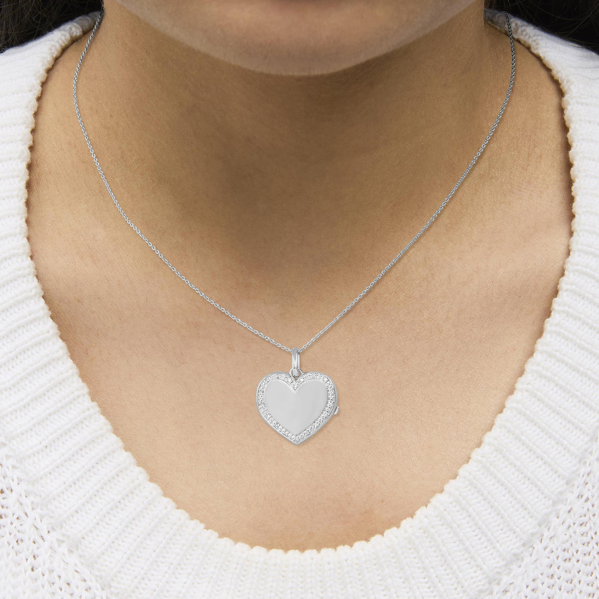925 Sterling Silver Diamond Accent Heart Locket Pendant Necklace with Pavé Border