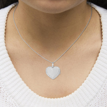 925 Sterling Silver Diamond Accent Heart Locket Pendant Necklace with Pavé Border