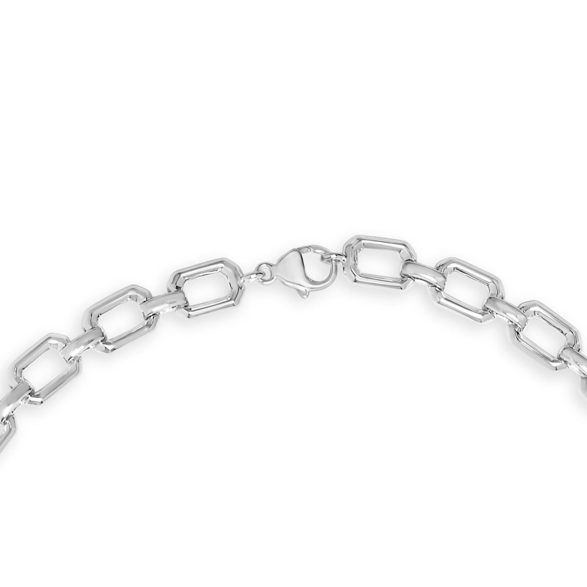 Close-up front angle of a white metal necklace with rectangular open links and a lobster clasp, shown on a white background.