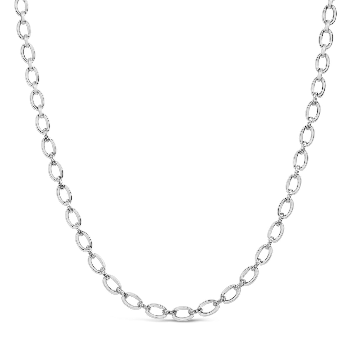 Close-up front view of a white necklace chain featuring alternating plain links and links set with small white gemstones in a pave setting.