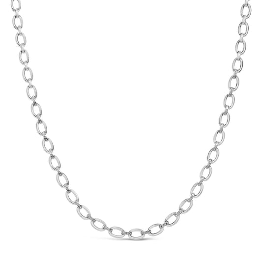 Close-up front view of a white necklace chain featuring alternating plain links and links set with small white gemstones in a pave setting.