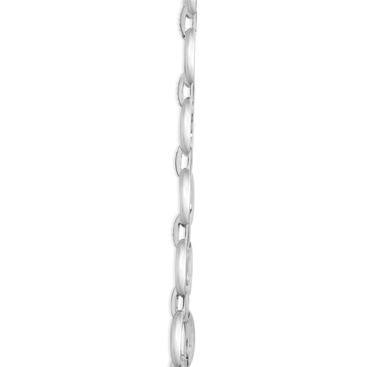 Side view of a white necklace chain with alternating smooth oval and pave-set round white gemstones links, shown vertically against a white background.