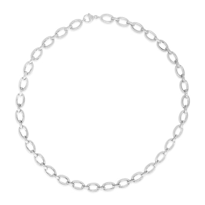 White metal necklace with alternating smooth oval links and oval links set with small white gemstones in pave setting, shown flat on a white background from a top-down angle.