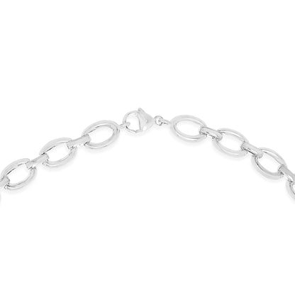 Close-up front view of a white metal necklace with elongated oval links and a lobster clasp, shown on a white background.