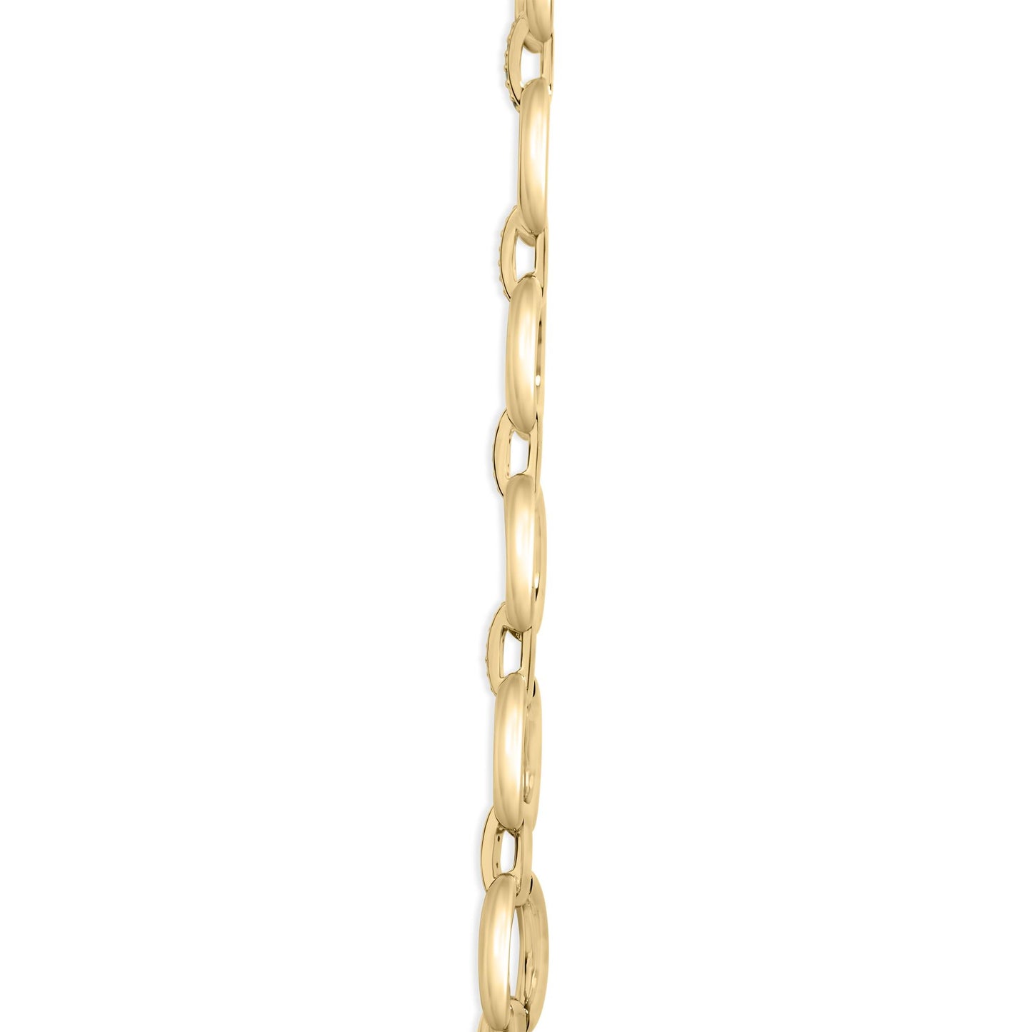 Close-up side view of a yellow metal necklace chain with alternating smooth oval links and oval links set with white gemstones in pave setting.