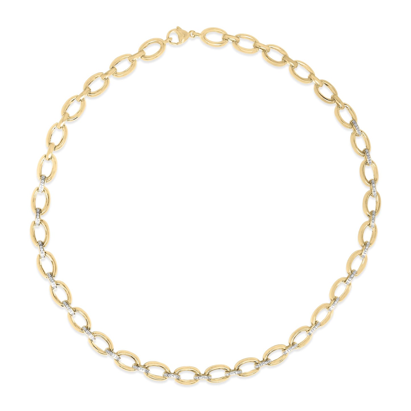 Close-up image of a yellow necklace with oval links, some links connected by bars set with white gemstones in a pave setting, shown from a top-down angle on a white background.