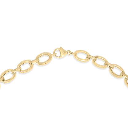 Close-up front view of a yellow metal necklace with large oval links and a lobster clasp, shown on a white background.