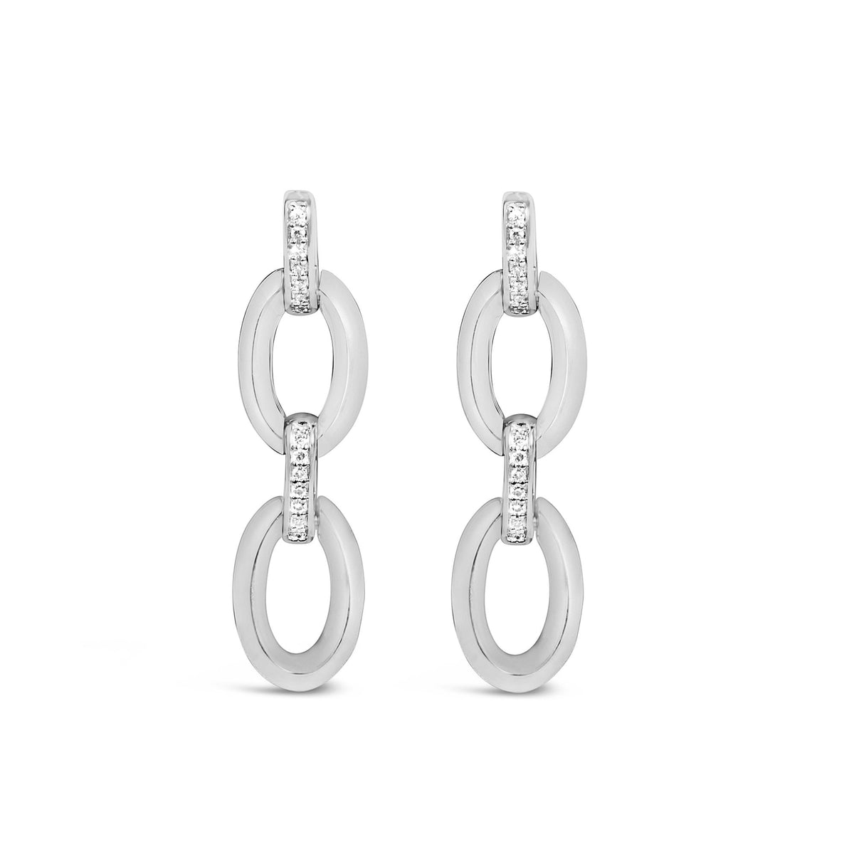 Front view of white metal dangling earrings with oval links connected by bars set with round white gemstones in pave setting.