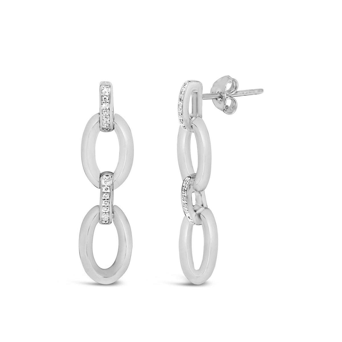 Close-up front and side view of white metal dangle earrings with three linked oval loops, each loop accented with white gemstones in pave setting at the connections, shown on a white background.