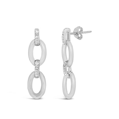Close-up front and side view of white metal dangle earrings with three linked oval loops, each loop accented with white gemstones in pave setting at the connections, shown on a white background.