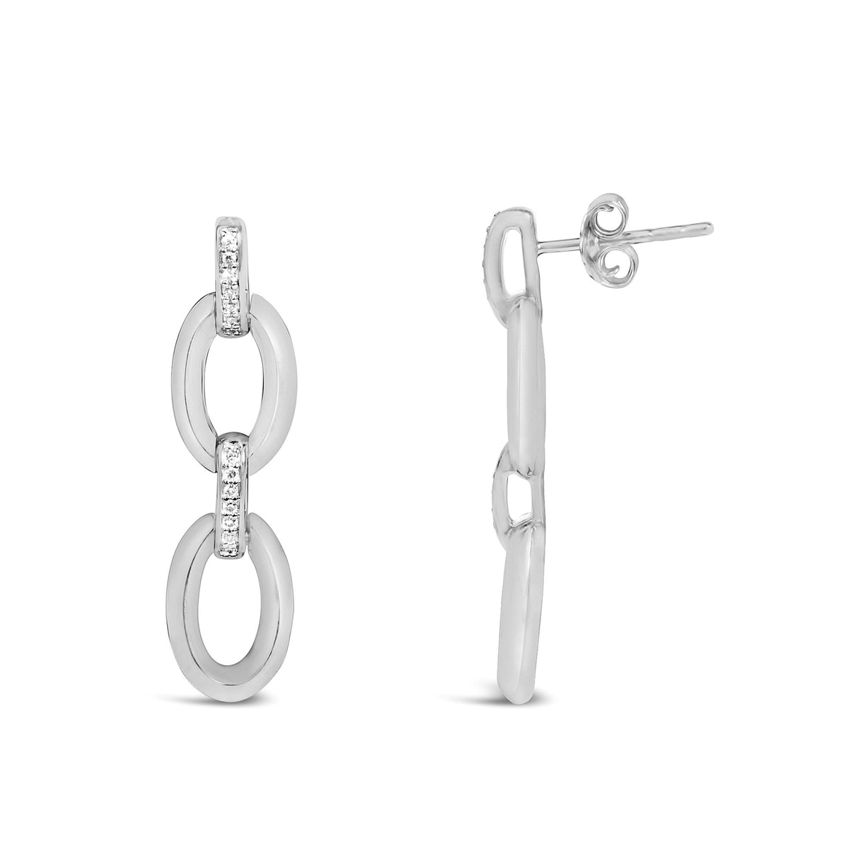 Close-up front and side angled view of white metal drop earrings featuring oval links connected by pave-set white gemstones, shown on a white background.