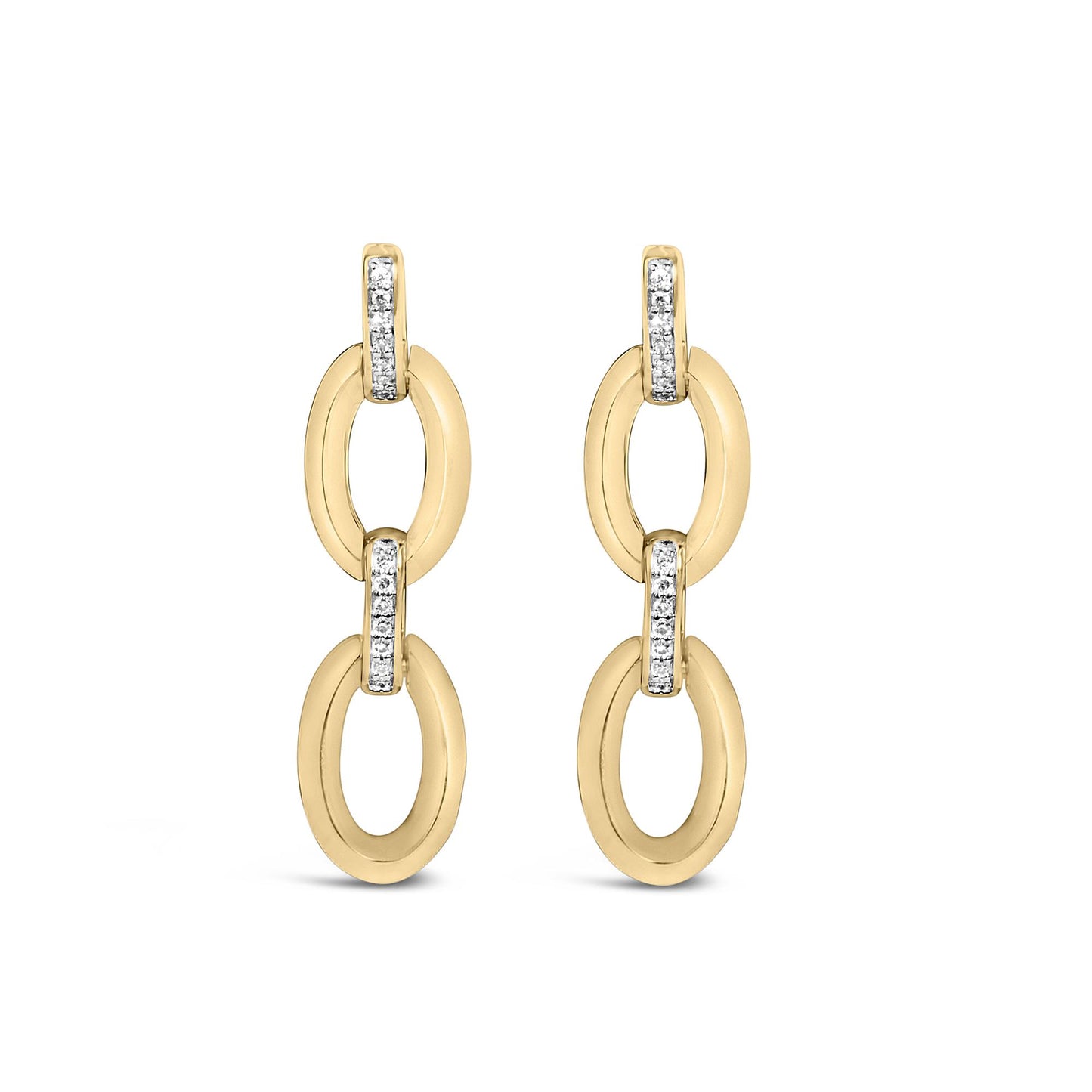 Front-facing close-up of gold vermeil diamond-accent oval link earrings showcasing pavé-set white stones on a white background