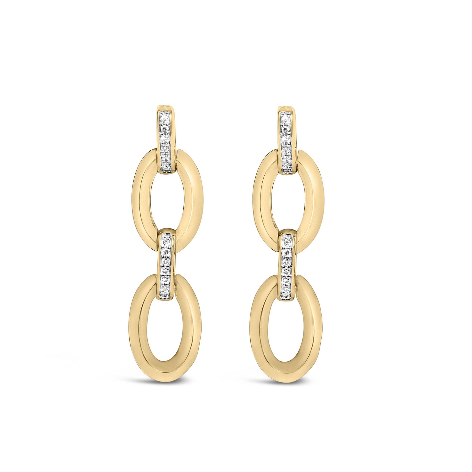 Front-facing close-up of gold vermeil diamond-accent oval link earrings showcasing pavé-set white stones on a white background