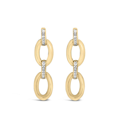 Front-facing close-up of gold vermeil diamond-accent oval link earrings showcasing pavé-set white stones on a white background