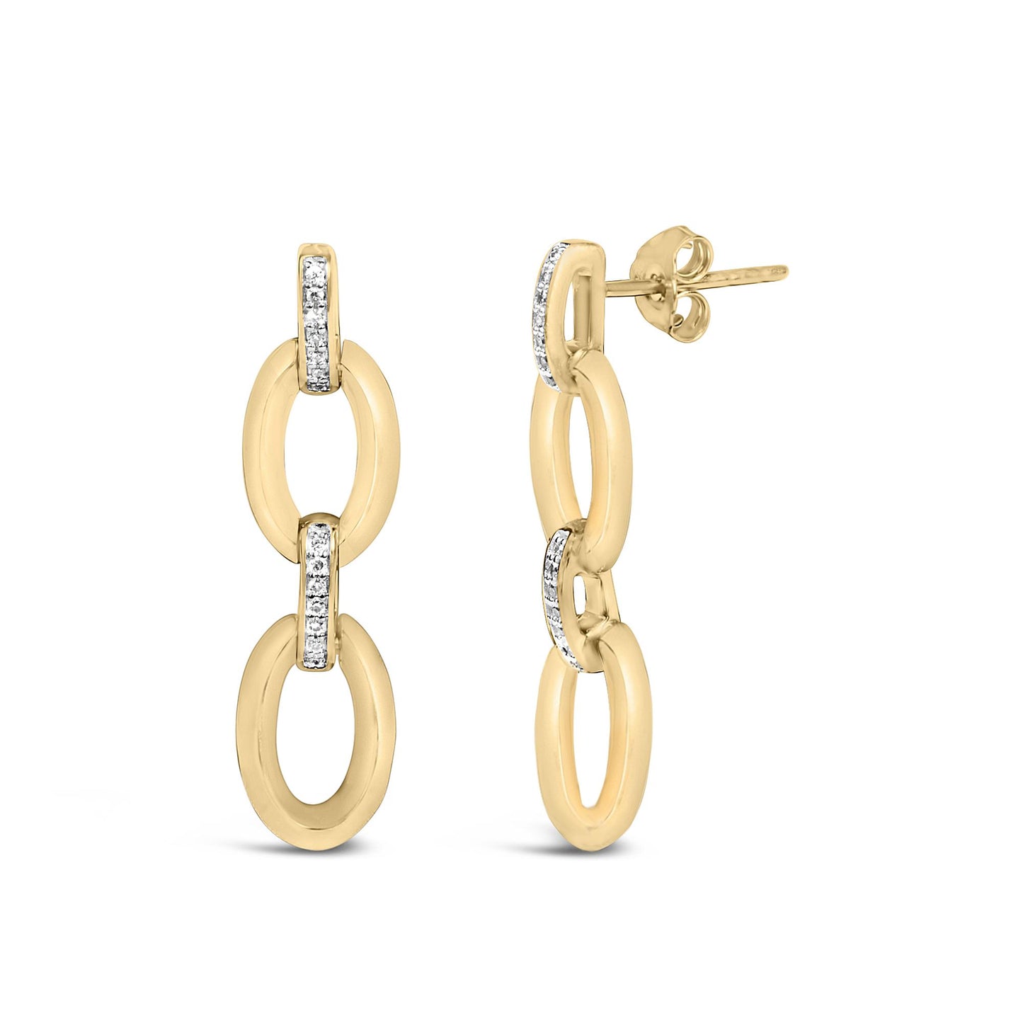 Close-up angled view of a pair of yellow metal oval link earrings with pavé-set white round gemstones on the connecting links and posts.