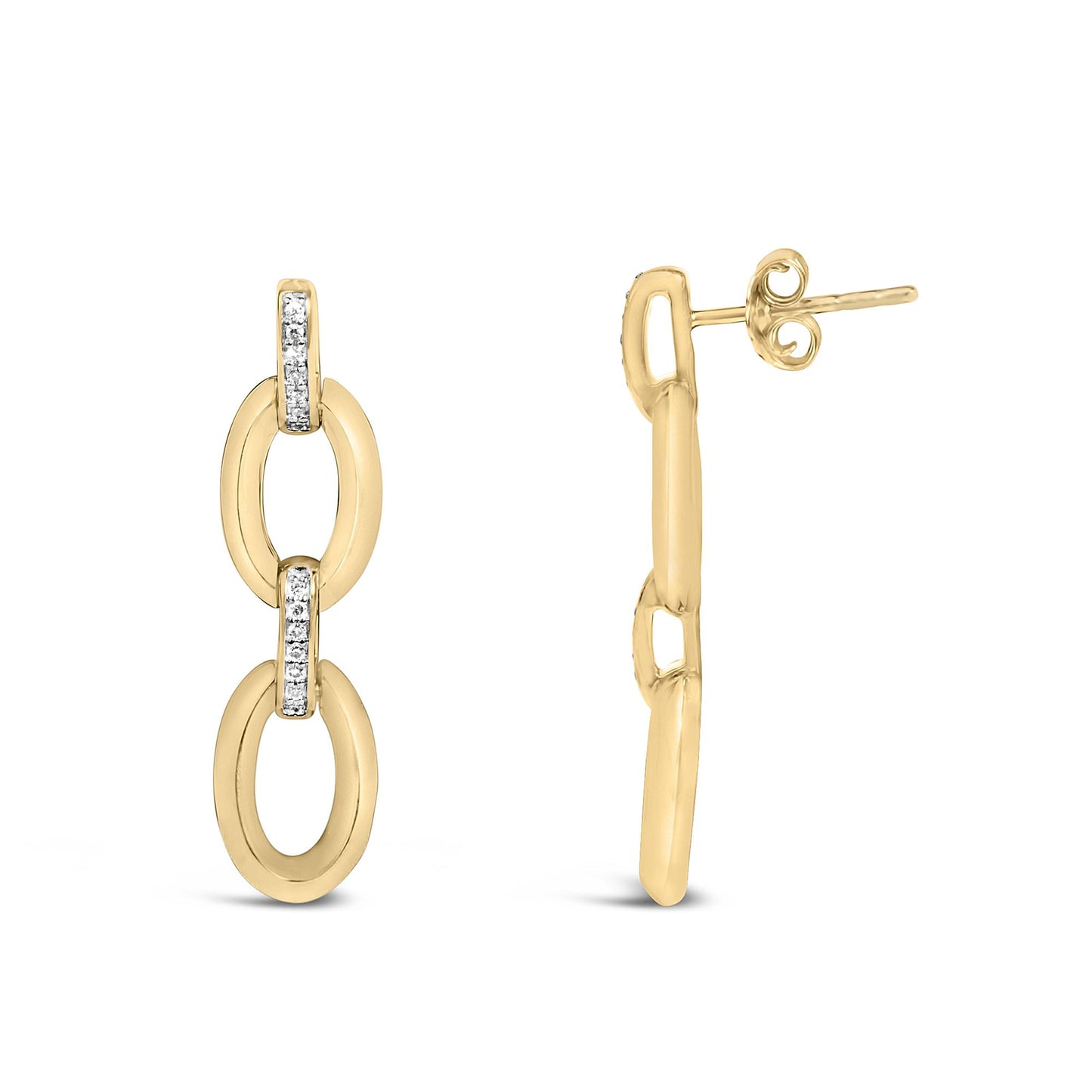 Close-up front and side view of yellow metal oval link earrings with white gemstones in pave setting, shown on a white background.