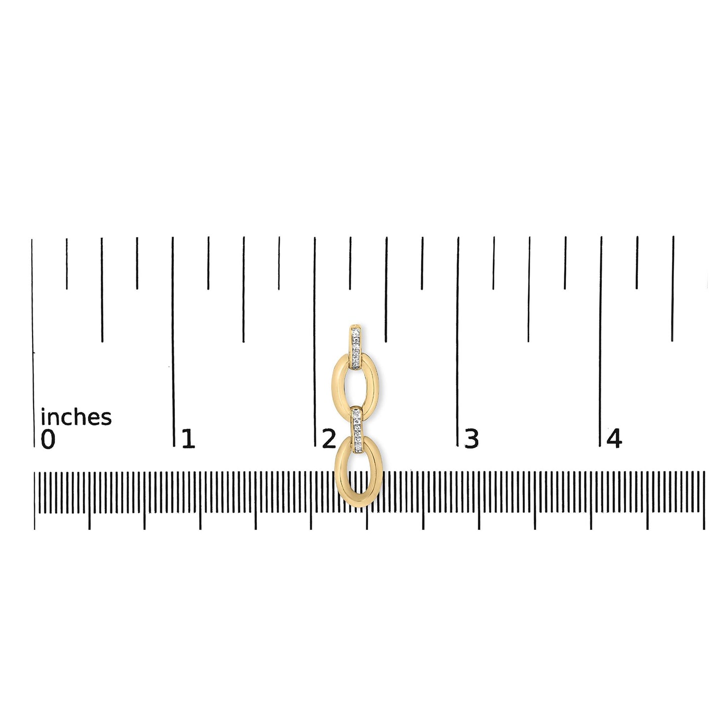 Close-up front view of gold vermeil diamond-accent oval link earring showcasing pave white stones on an inch ruler for scale