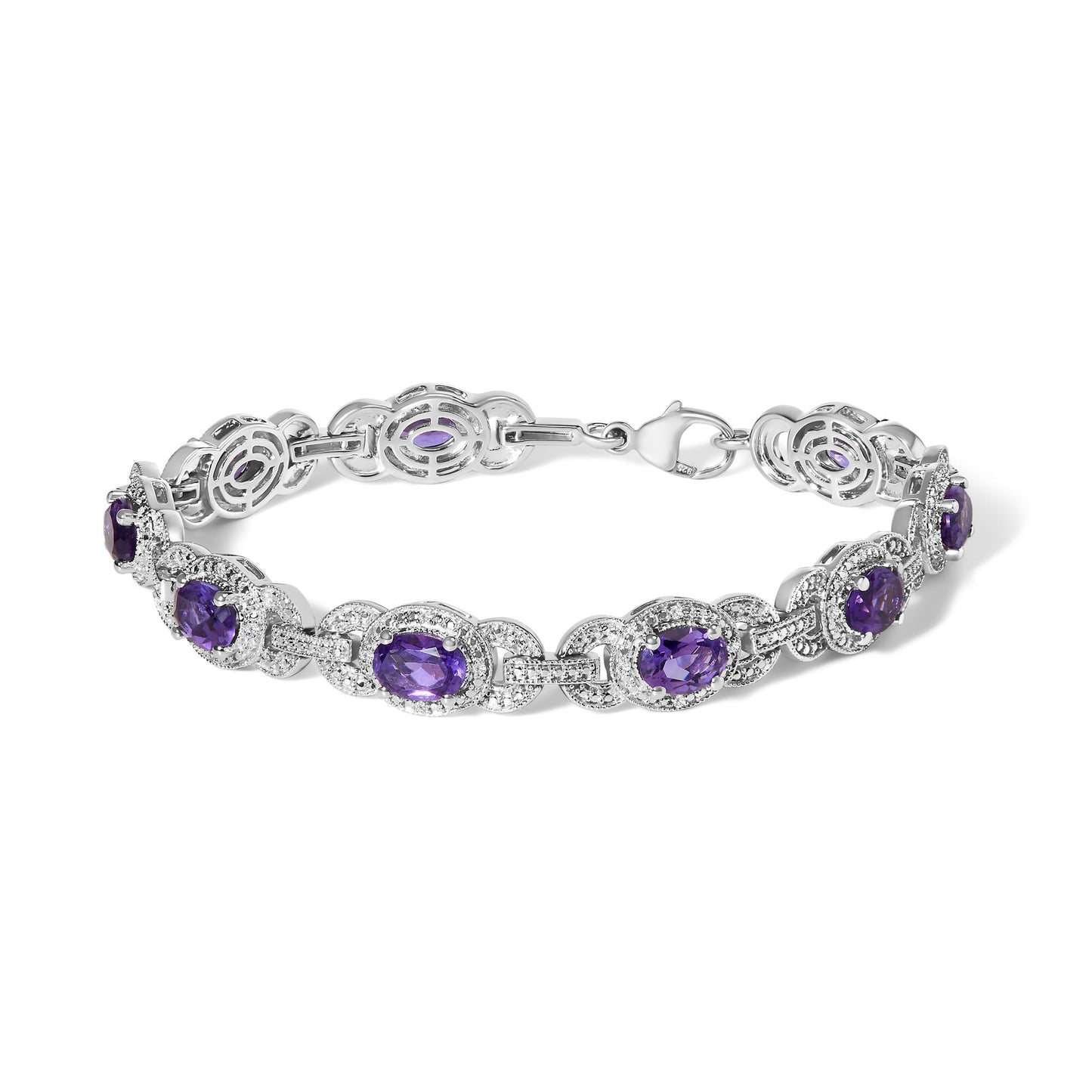Sterling Silver Oval Purple Amethyst and Diamond Interlocking Halo Link Bracelet