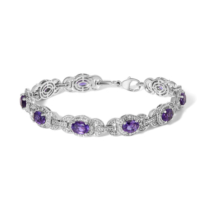 Sterling Silver Oval Purple Amethyst and Diamond Interlocking Halo Link Bracelet