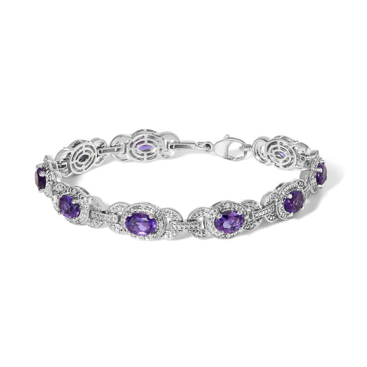 Sterling Silver Oval Purple Amethyst and Diamond Interlocking Halo Link Bracelet