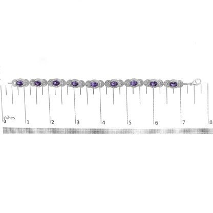 Sterling Silver Oval Purple Amethyst and Diamond Interlocking Halo Link Bracelet