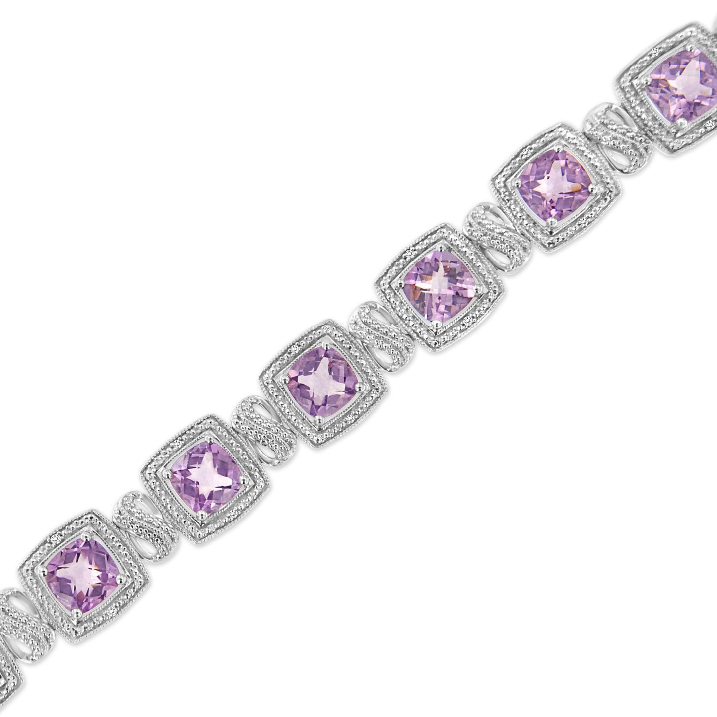 White metal bracelet with cushion-shaped purple gemstones surrounded by pave-set round white gemstones, shown diagonally from above.