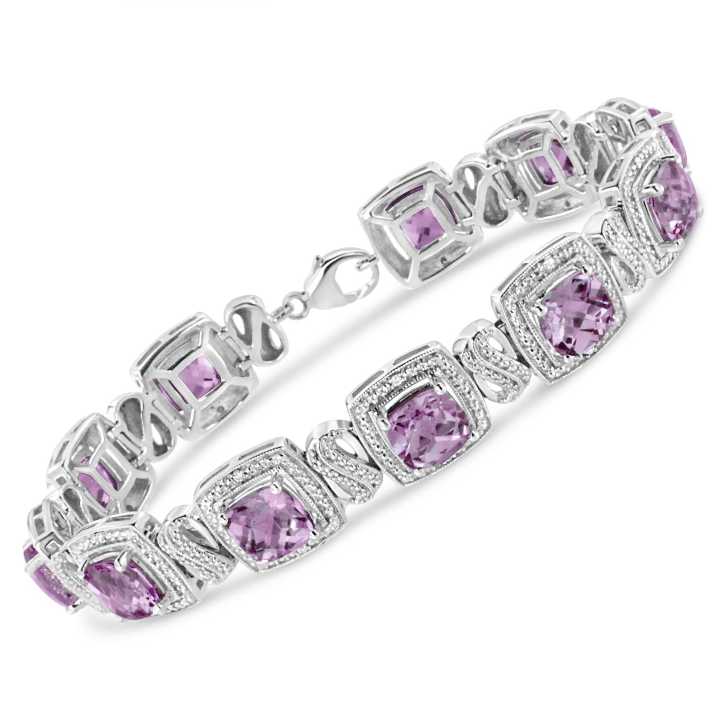 White metal bracelet with alternating cushion-shaped purple gemstones in prong settings and intertwined links, accented with round white gemstones in pave settings, shown at an angled top-down view.