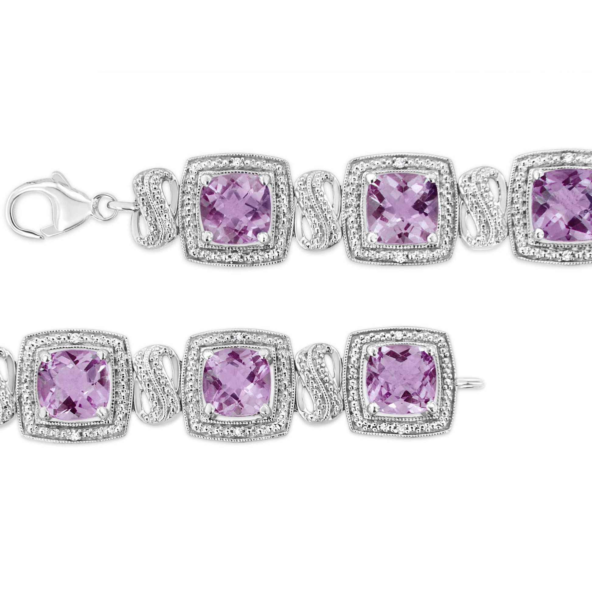 Close-up shot of a white metal bracelet featuring cushion-shaped purple gemstones in prong settings, accented by square frames with round white gemstones in pave settings.